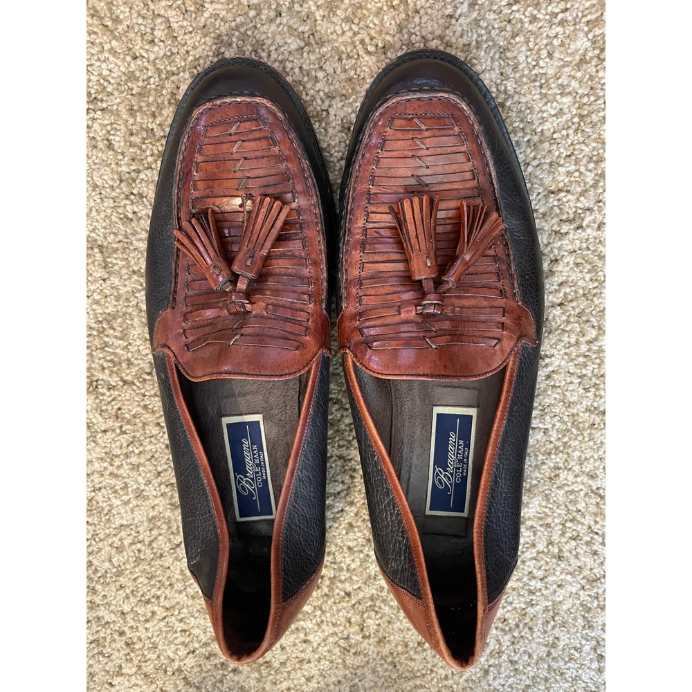 Bragano by Cole Haan Mens 11.5 D Tassel Loafers Woven Two Tone Leather Italy